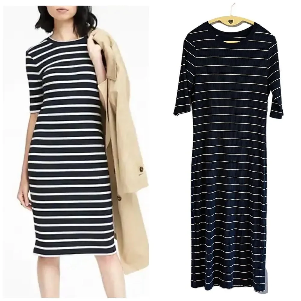 Banana Republic Navy & White Striped Ribbed Knit Dress | SZ S